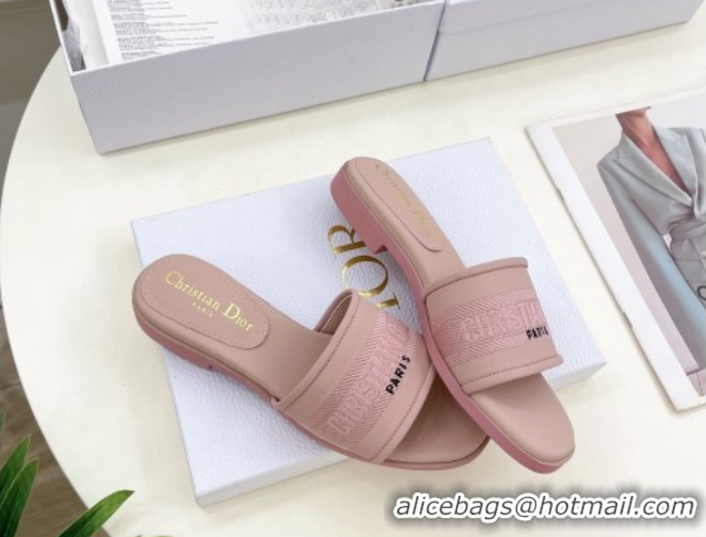 Duplicate Dior Dway Flat Slide Sandals in Embroidered Calfskin Pink 604081