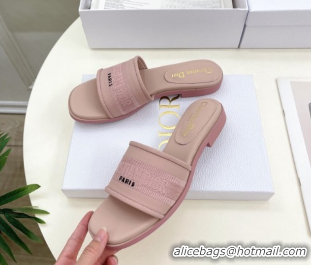 Duplicate Dior Dway Flat Slide Sandals in Embroidered Calfskin Pink 604081