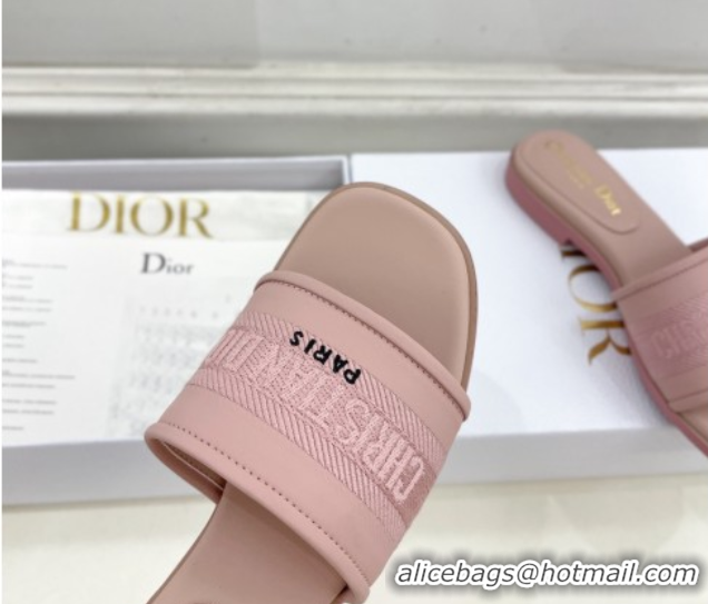 Duplicate Dior Dway Flat Slide Sandals in Embroidered Calfskin Pink 604081