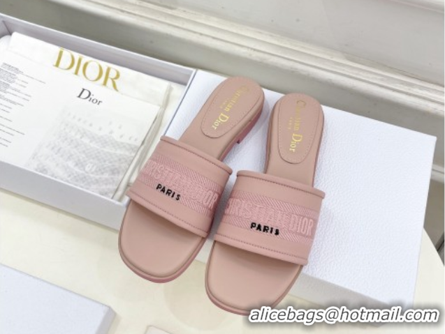 Duplicate Dior Dway Flat Slide Sandals in Embroidered Calfskin Pink 604081