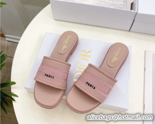 Duplicate Dior Dway Flat Slide Sandals in Embroidered Calfskin Pink 604081