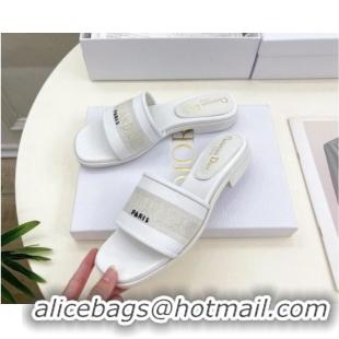 Hot Style Dior Dway Flat Slide Sandals in Embroidered Calfskin White 604082