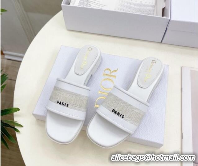 Hot Style Dior Dway Flat Slide Sandals in Embroidered Calfskin White 604082