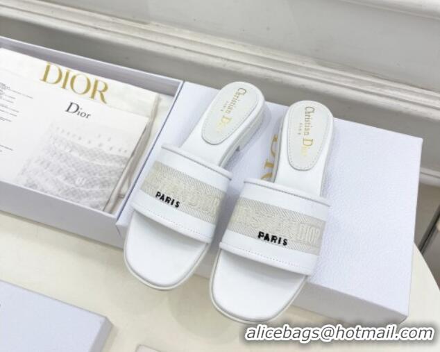 Hot Style Dior Dway Flat Slide Sandals in Embroidered Calfskin White 604082