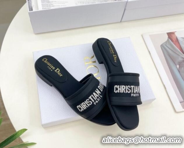 Most Popular Dior Dway Flat Slide Sandals in Embroidered Calfskin Black 604083