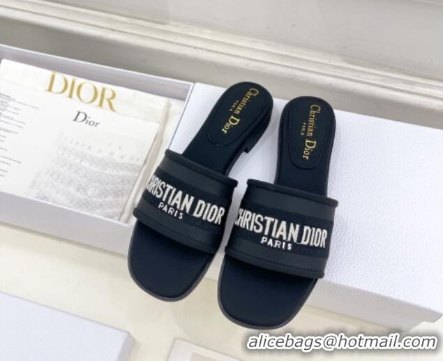 Most Popular Dior Dway Flat Slide Sandals in Embroidered Calfskin Black 604083