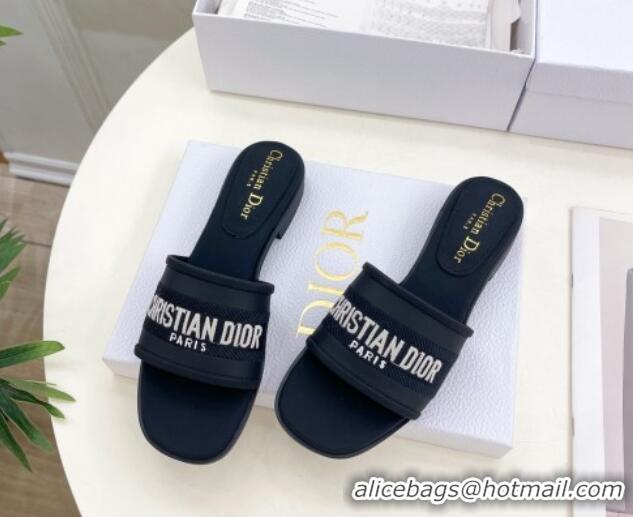 Most Popular Dior Dway Flat Slide Sandals in Embroidered Calfskin Black 604083