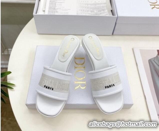 Classic Hot Dior Dway Heel Slide Sandals 5.5cm in Embroidered Calfskin White 604085