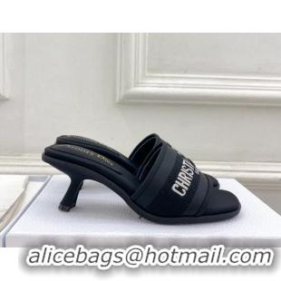 Good Quality Dior Dway Heel Slide Sandals 5.5cm in Embroidered Calfskin Black 604086