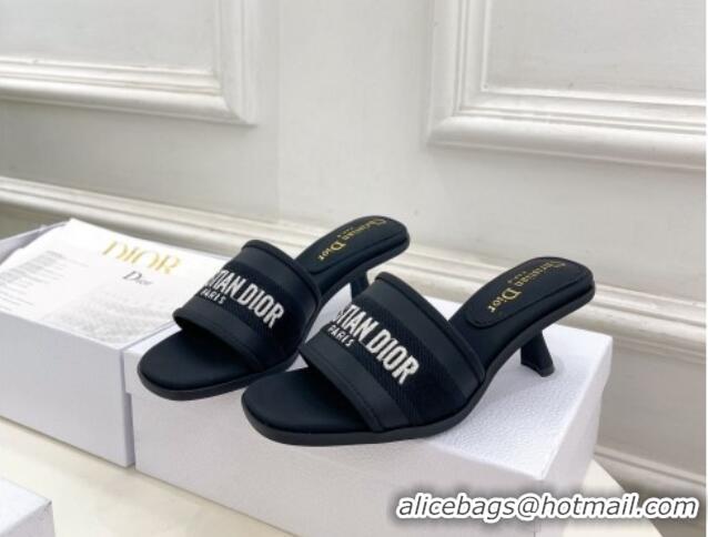 Good Quality Dior Dway Heel Slide Sandals 5.5cm in Embroidered Calfskin Black 604086