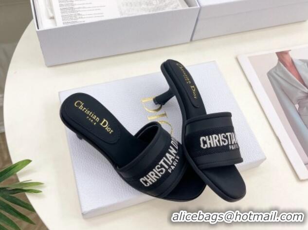 Good Quality Dior Dway Heel Slide Sandals 5.5cm in Embroidered Calfskin Black 604086