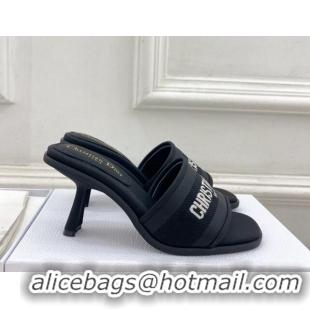 Stylish Dior Dway Heel Slide Sandals 8cm in Embroidered Calfskin Black 604090