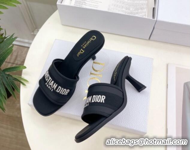 Stylish Dior Dway Heel Slide Sandals 8cm in Embroidered Calfskin Black 604090