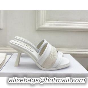 Sumptuous Dior Dway Heel Slide Sandals 8cm in Embroidered Calfskin White 604089