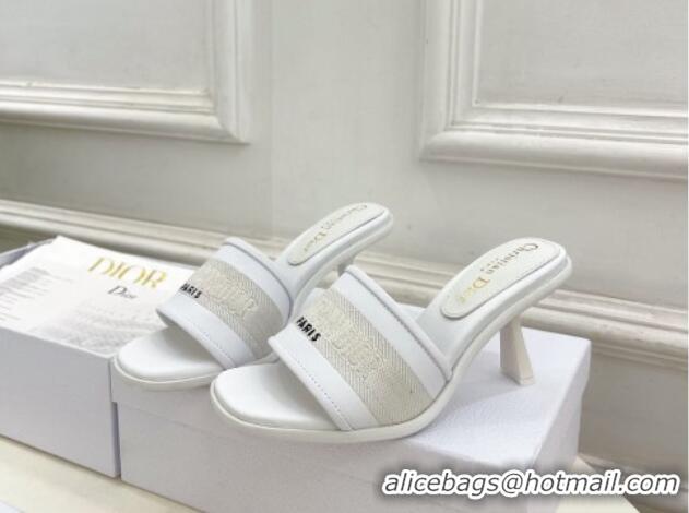 Sumptuous Dior Dway Heel Slide Sandals 8cm in Embroidered Calfskin White 604089