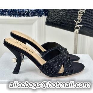 Luxurious Dior Tribales Heeled Slides Sandal 8cm in Black Suede and Strass 702013