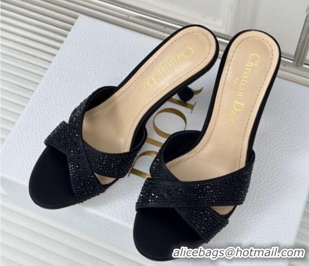 Luxurious Dior Tribales Heeled Slides Sandal 8cm in Black Suede and Strass 702013