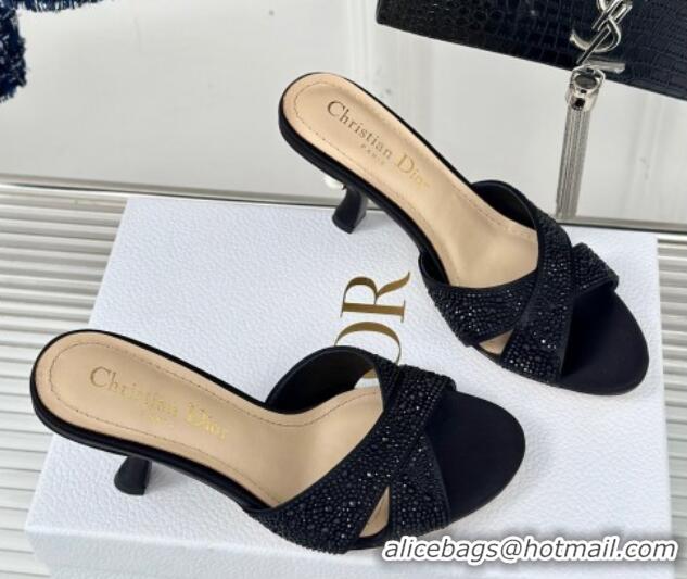 Luxurious Dior Tribales Heeled Slides Sandal 8cm in Black Suede and Strass 702013