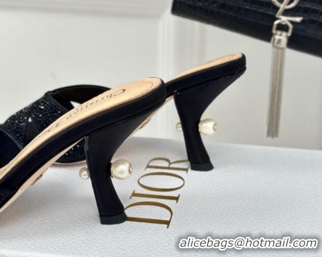 Luxurious Dior Tribales Heeled Slides Sandal 8cm in Black Suede and Strass 702013