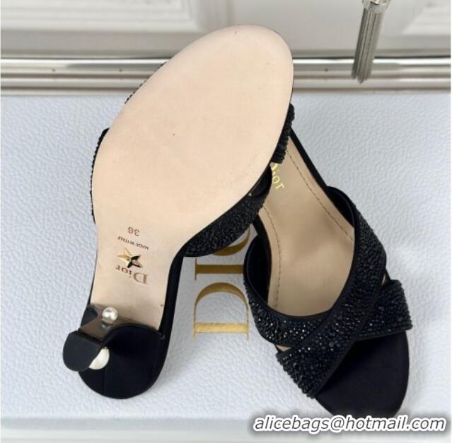 Luxurious Dior Tribales Heeled Slides Sandal 8cm in Black Suede and Strass 702013