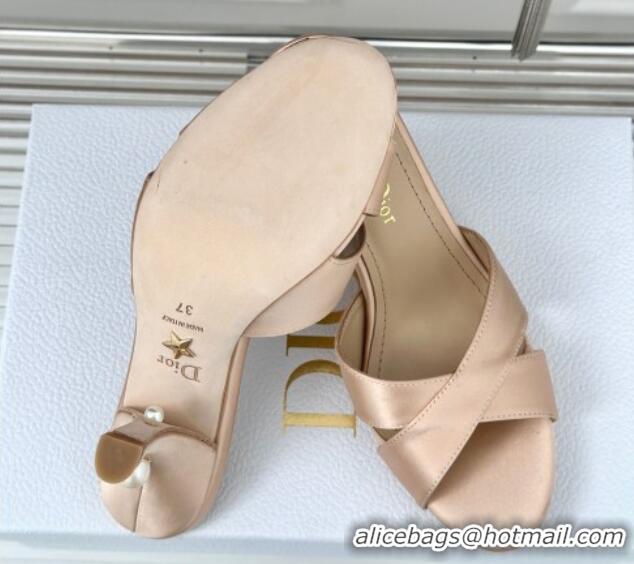 Luxury Dior Tribales Heeled Slides Sandal 8cm in Satin Beige 702014