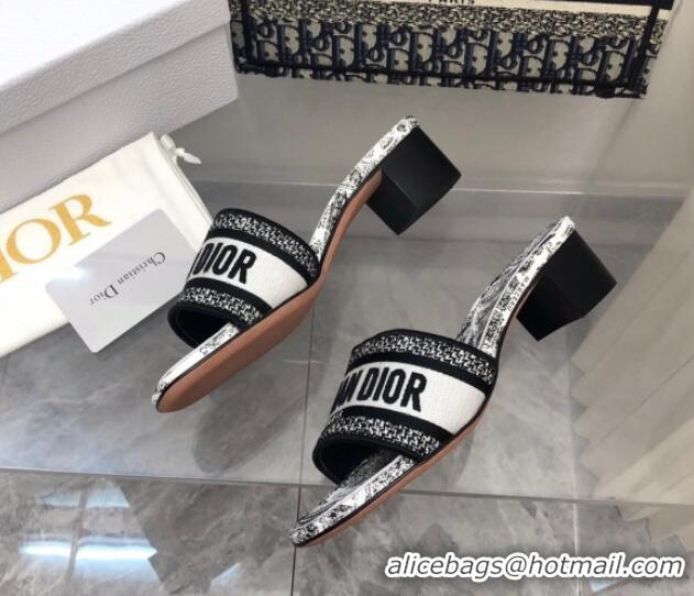 Top Grade Dior Dway Heel Slides Sandal 4cm in White and Black Embroidered Cotton with Plan de Paris Motif 702019