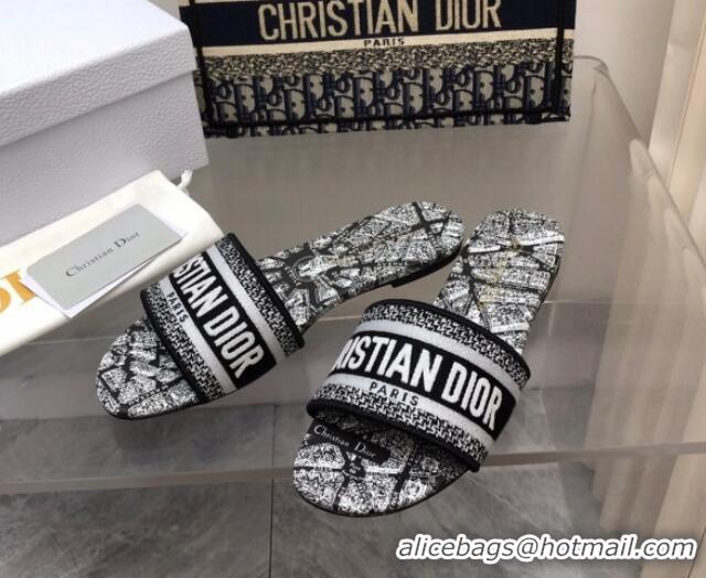 Good Quality Dior Dway Flat Slides Sandal in White and Black Embroidered Cotton with Plan de Paris Motif 702021