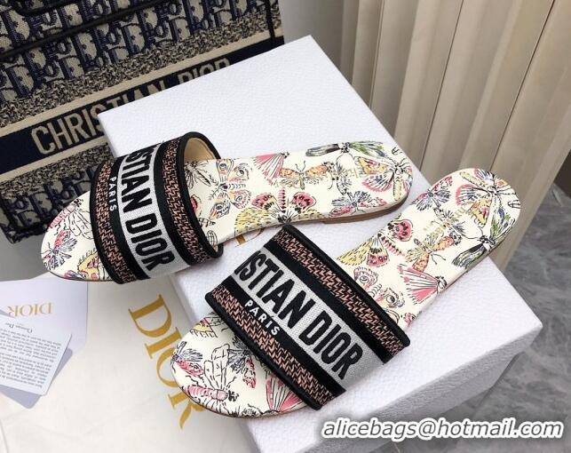 Unique Style Dior Dway Flat Slides Sandal in White Cotton Embroidered with Multicolor Libellule Camouflage Motif 702022