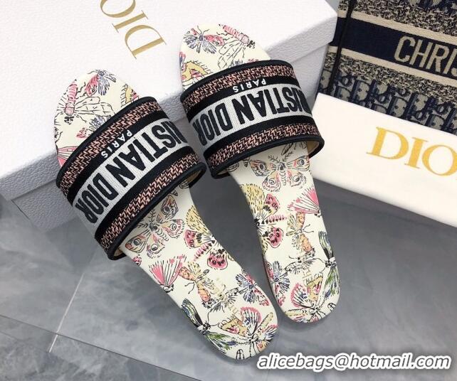 Unique Style Dior Dway Flat Slides Sandal in White Cotton Embroidered with Multicolor Libellule Camouflage Motif 702022