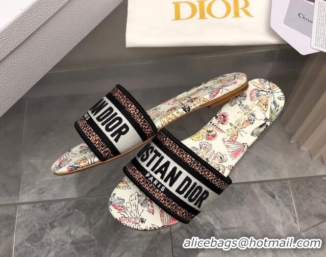 Unique Style Dior Dway Flat Slides Sandal in White Cotton Embroidered with Multicolor Libellule Camouflage Motif 702022