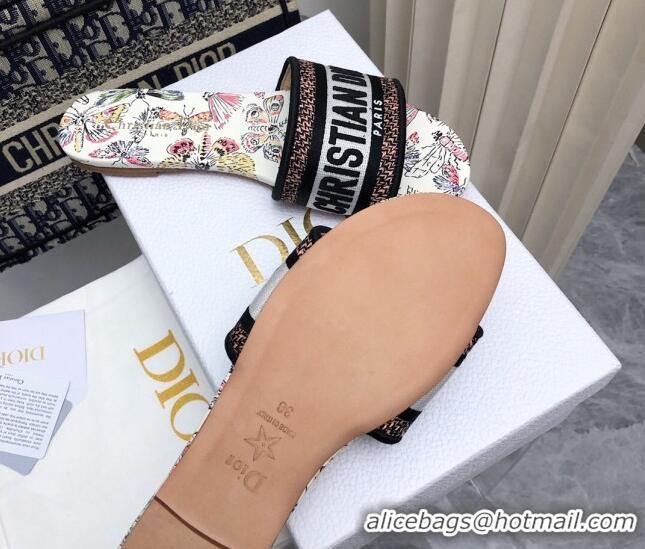 Unique Style Dior Dway Flat Slides Sandal in White Cotton Embroidered with Multicolor Libellule Camouflage Motif 702022