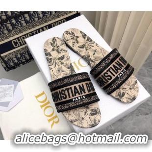 Pretty Style Dior Dway Flat Slides Sandal in Beige Cotton Embroidered with Multicolor Libellule Camouflage Motif 702023