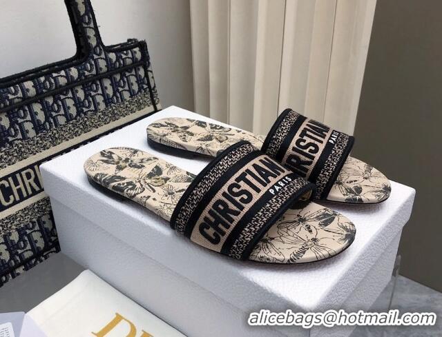 Pretty Style Dior Dway Flat Slides Sandal in Beige Cotton Embroidered with Multicolor Libellule Camouflage Motif 702023