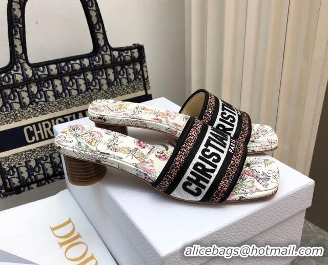 Grade Quality Dior Dway Heel Slides Sandal 3.5cm in White Cotton Embroidered with Multicolor Libellule Camouflage Motif 