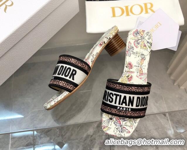 Grade Quality Dior Dway Heel Slides Sandal 3.5cm in White Cotton Embroidered with Multicolor Libellule Camouflage Motif 