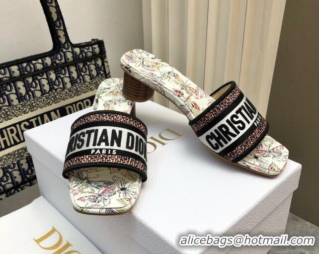 Grade Quality Dior Dway Heel Slides Sandal 3.5cm in White Cotton Embroidered with Multicolor Libellule Camouflage Motif 