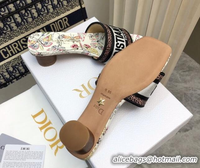 Grade Quality Dior Dway Heel Slides Sandal 3.5cm in White Cotton Embroidered with Multicolor Libellule Camouflage Motif 