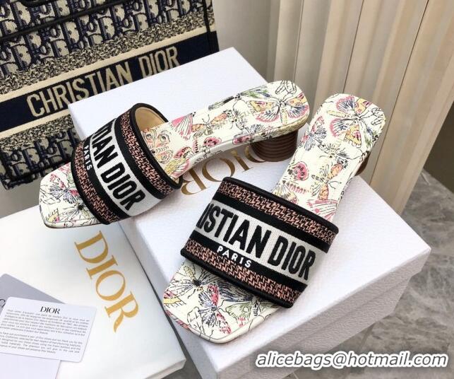 Grade Quality Dior Dway Heel Slides Sandal 3.5cm in White Cotton Embroidered with Multicolor Libellule Camouflage Motif 