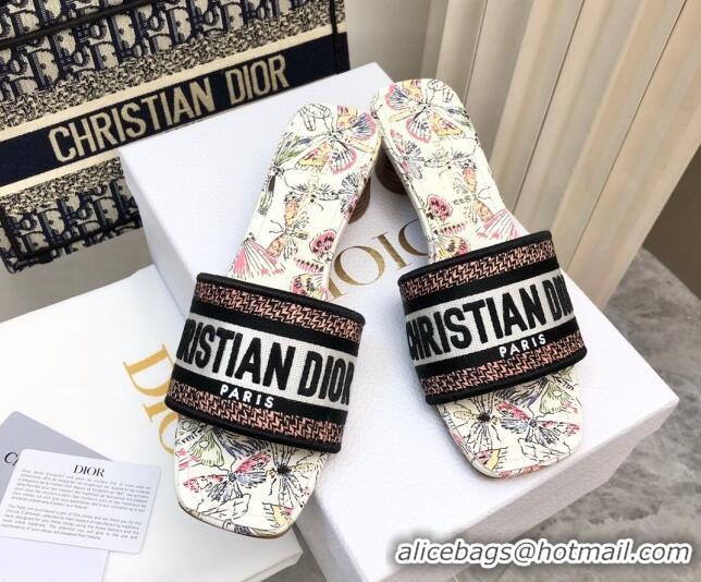 Grade Quality Dior Dway Heel Slides Sandal 3.5cm in White Cotton Embroidered with Multicolor Libellule Camouflage Motif 