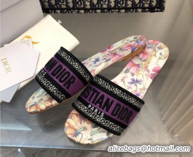 Buy Luxury Dior Dway Flat Slides Sandal in Purple Multicolor Cotton and Embroidered Dior 4 Saisons Été Motif 702026