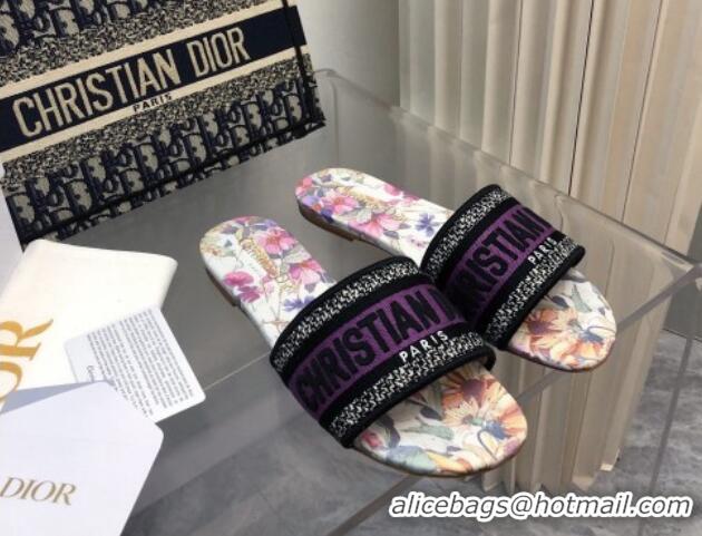 Buy Luxury Dior Dway Flat Slides Sandal in Purple Multicolor Cotton and Embroidered Dior 4 Saisons Été Motif 702026