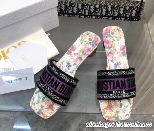 Most Popular Dior Dway Heel Slides Sandal 3.5cm in Purple Multicolor Cotton and Embroidered Dior 4 Saisons Été Motif 702