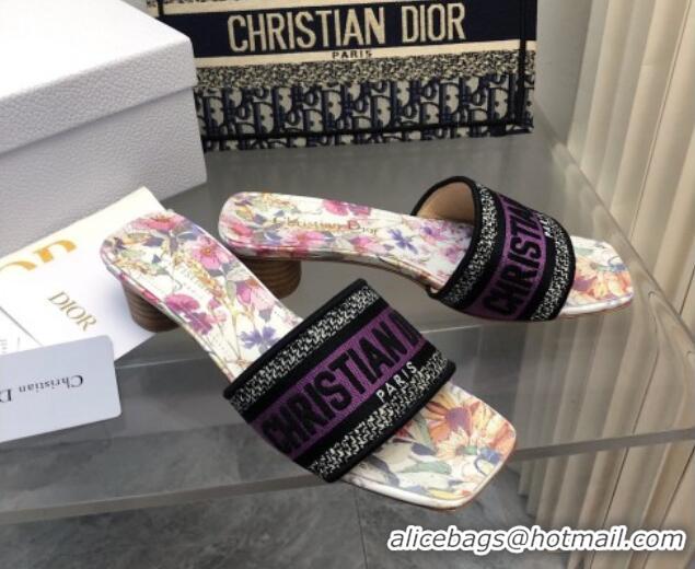 Most Popular Dior Dway Heel Slides Sandal 3.5cm in Purple Multicolor Cotton and Embroidered Dior 4 Saisons Été Motif 702