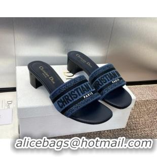 Best Product Dior Dway Heel Slides Sandal 4.5cm in Denim Blue Embroidered Cotton Dark Blue 702031