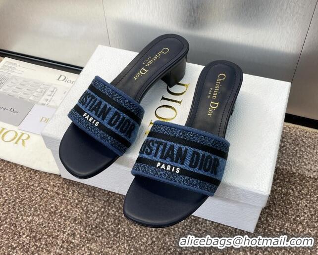 Best Product Dior Dway Heel Slides Sandal 4.5cm in Denim Blue Embroidered Cotton Dark Blue 702031