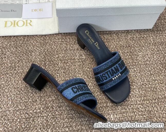 Best Product Dior Dway Heel Slides Sandal 4.5cm in Denim Blue Embroidered Cotton Dark Blue 702031