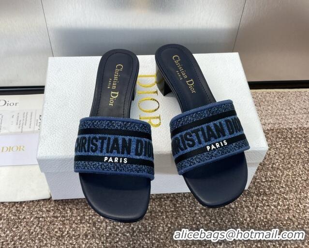 Best Product Dior Dway Heel Slides Sandal 4.5cm in Denim Blue Embroidered Cotton Dark Blue 702031