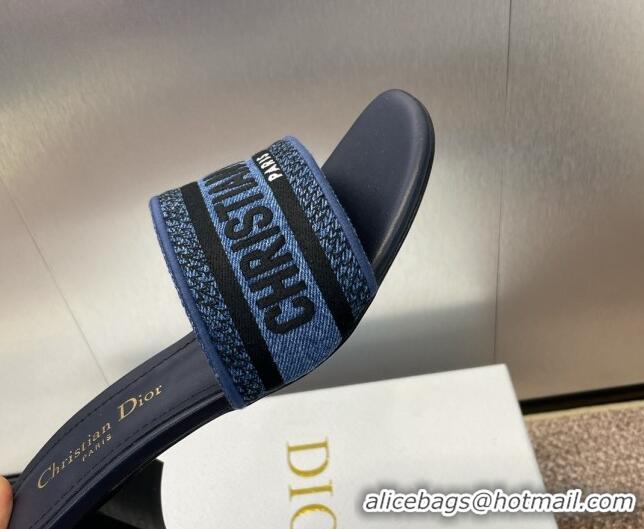 Best Product Dior Dway Heel Slides Sandal 4.5cm in Denim Blue Embroidered Cotton Dark Blue 702031