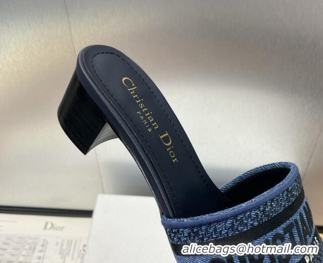 Best Product Dior Dway Heel Slides Sandal 4.5cm in Denim Blue Embroidered Cotton Dark Blue 702031