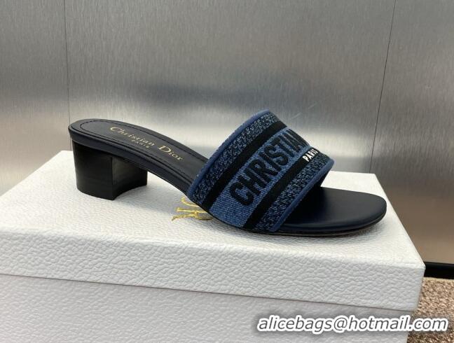 Best Product Dior Dway Heel Slides Sandal 4.5cm in Denim Blue Embroidered Cotton Dark Blue 702031